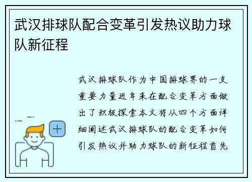 武汉排球队配合变革引发热议助力球队新征程
